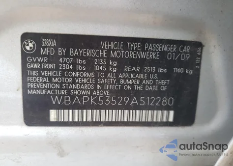 2009 BMW 328 Xi Sulev из США, поврежденный, VIN WBAPK53529A512280